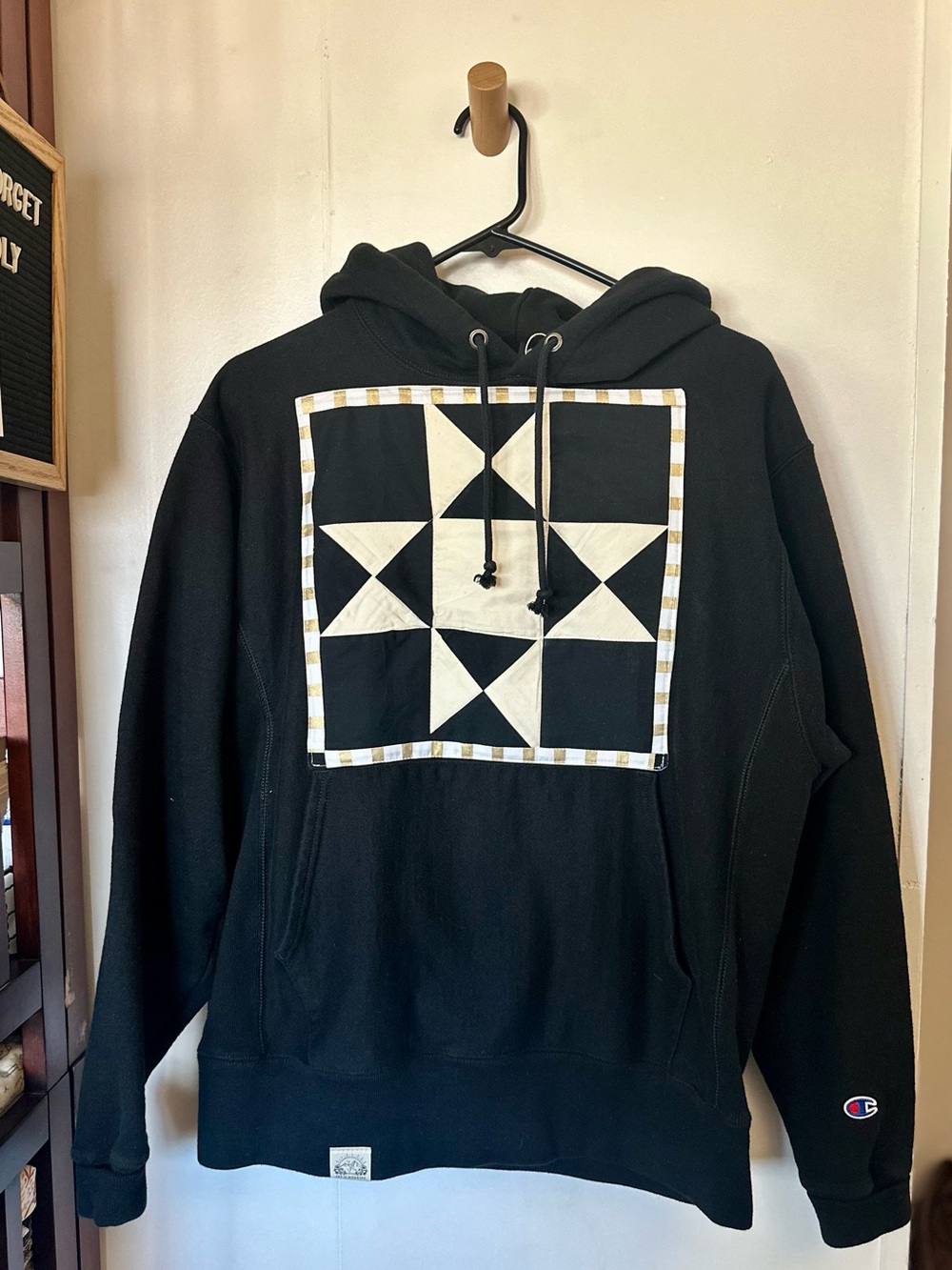 Champion Black Upcycled Hoodie with Sawtooth Patch